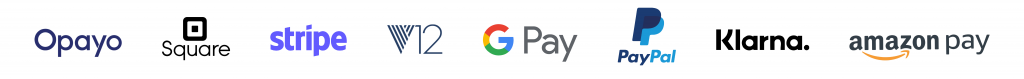 Image of payment option logos including as Opayo, Square, Stripe, V12, GPay, PayPal, Klarna and Amazon Pay